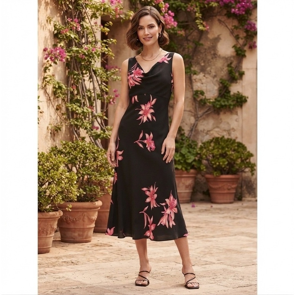 Jones Wear Black Floral Print Sleeveless Midi Dress Women's Size 14